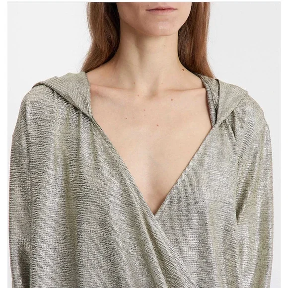 Balmain Silver Metallic Draped Hooded Top – Size M (US 8 / FR 40)